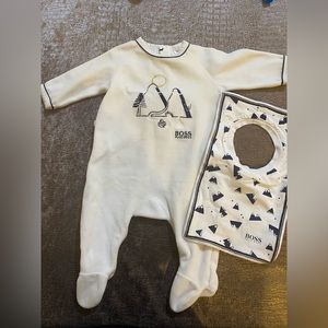 Hugo Boss Baby Velour Designer White Onesie With Matching Bib